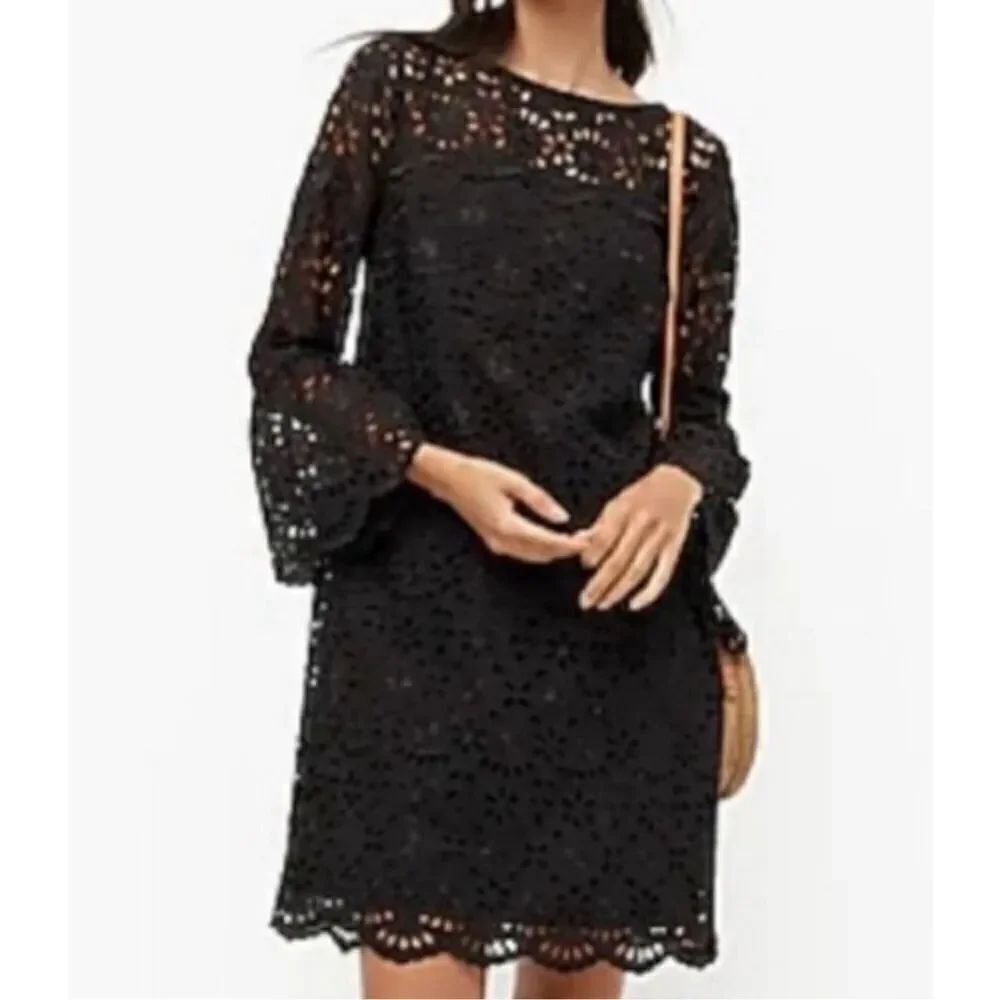 J. Crew Eyelet Lace Dress Black Bell Sleeve Size 6 Nwot